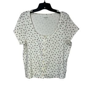 Old Navy Floral Button Front Ribbed Tee White Ditsy Print Sz XL